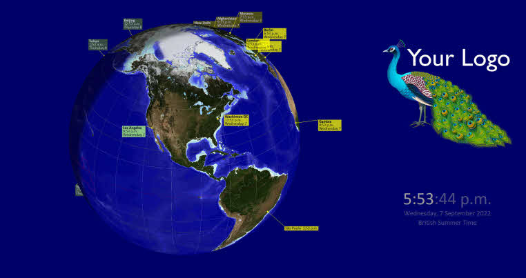 Globe Clock branded with a company logo on a landscape screen