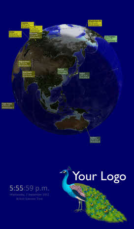 Branded Globe Clock on a portrait screen with the clock on the left