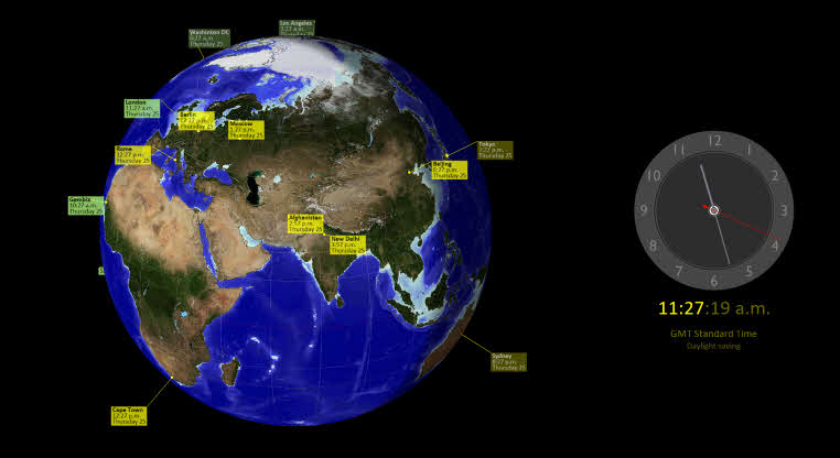 Globe Clock showing the whole globe with city time labels and an analogue clock face