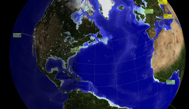 Globe Clock zoomed in on the Atlantic, showing part of the globe in greater detail