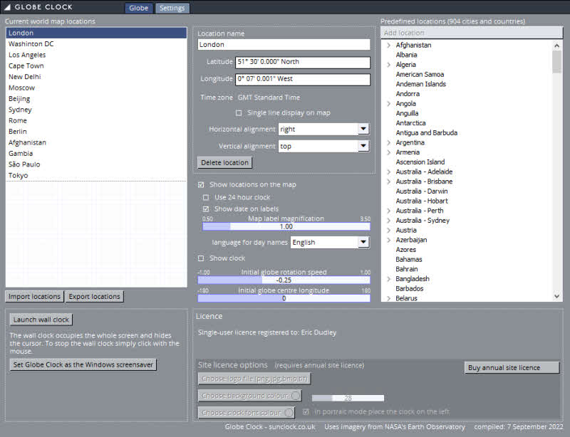 Globe Clock Settings page with the list of chosen locations and the predefined locations