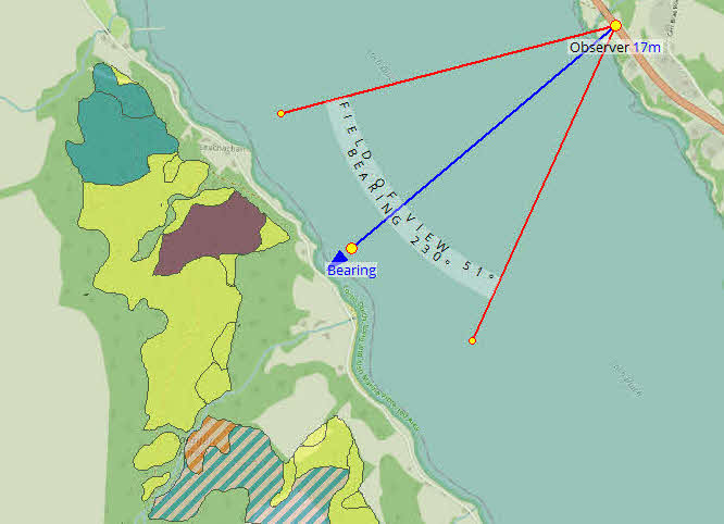 Map showing an observer point, field of view bearing lines, and land-cover polygons along a river estuary