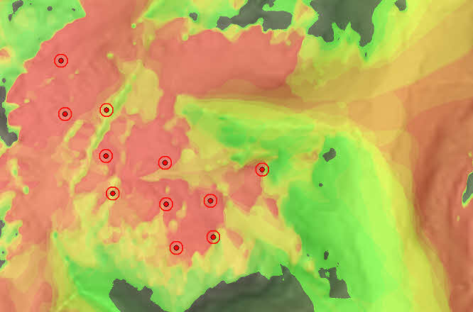 Lines of sight from multiple sources, in this case a wind farm