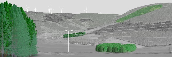 Prospect panorama view of new woodland in natural colours against a grey background, showing power lines