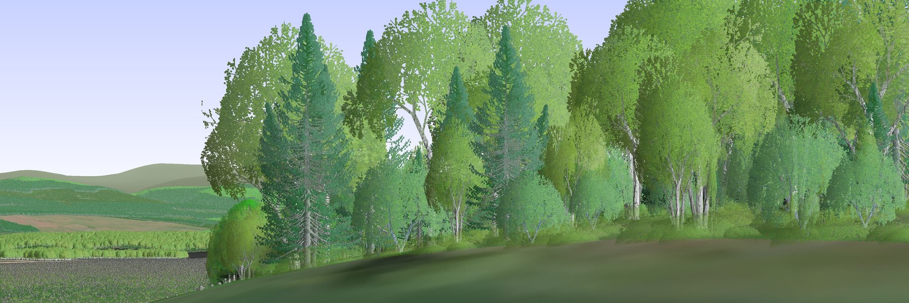 Prospect wide panorama render of a mixed woodland tree line beside a field, with hills in the background
