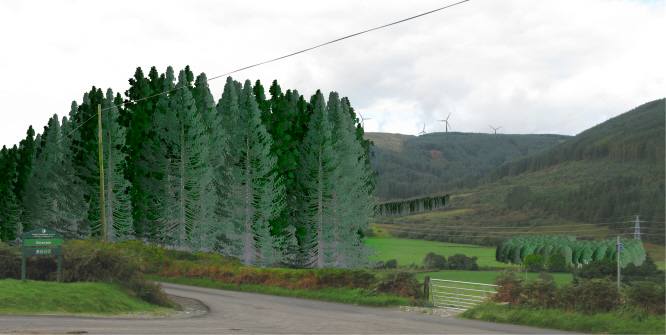 Photo-montage of the valley road with woodland and a wind farm added