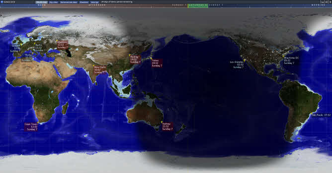 Sunclock world map showing local times at chosen cities and the areas of night and day
