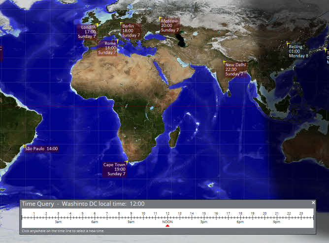 Sunclock map being queried for the local time at a location