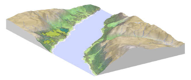 3D terrain visualisation of a river valley showing woodland and land-cover mapping on either bank